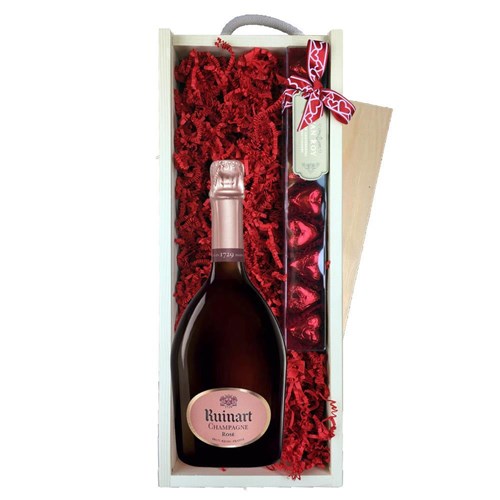 Ruinart Rose Champagne 75cl & Chocolate Praline Hearts, Wooden Box